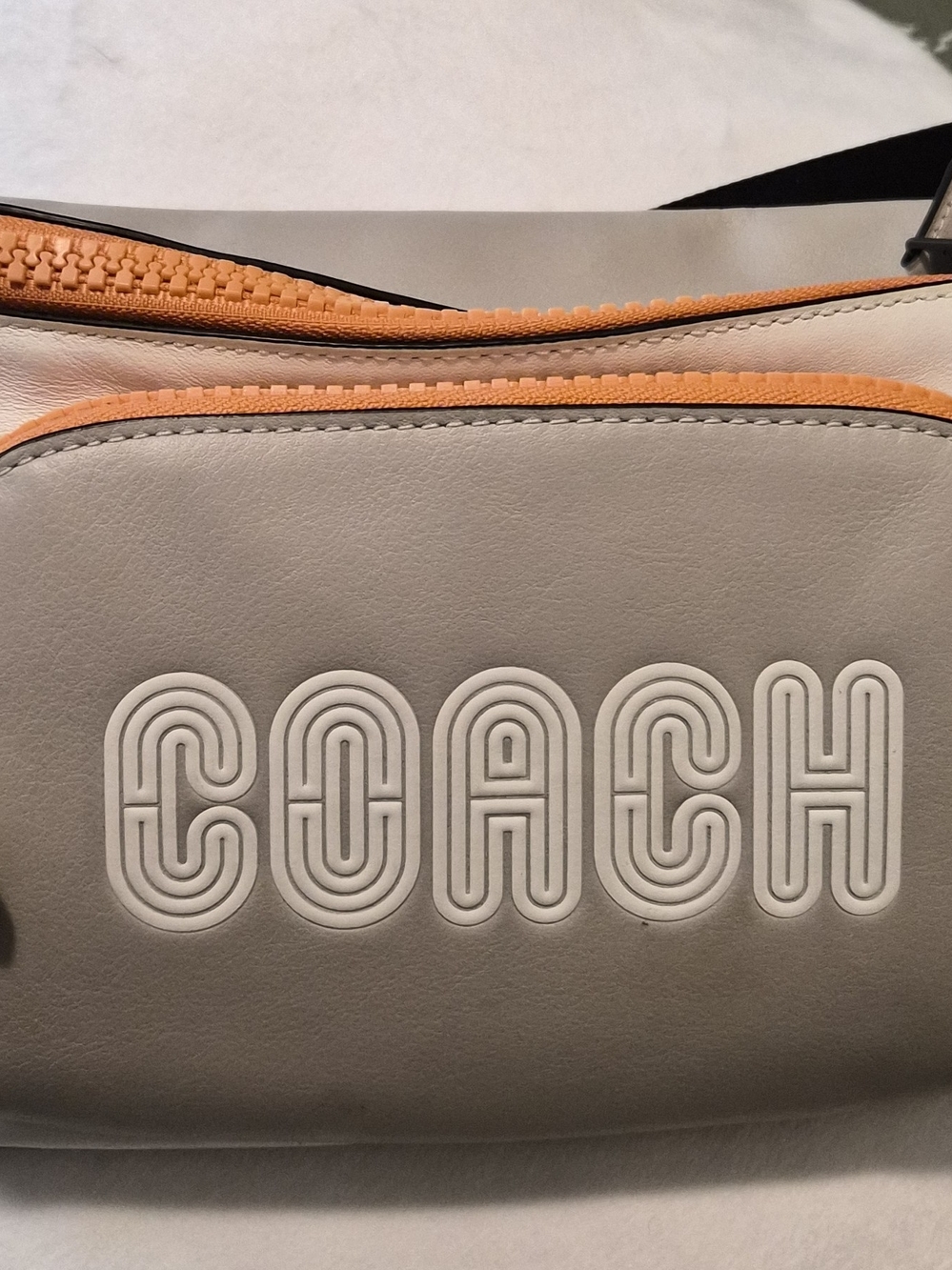 COACH Women's Leather Crossbody Bag in Light Gray with Orange Trim